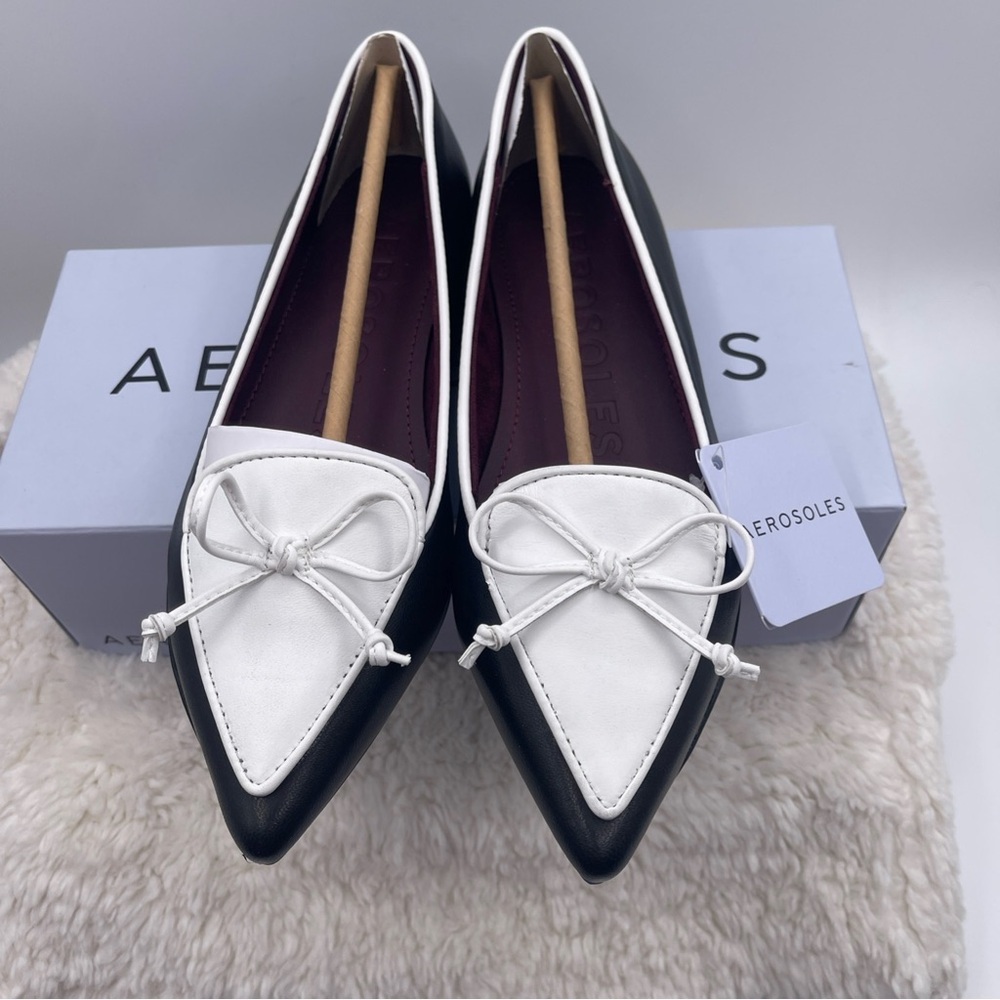 AEROSOLES Women's Black and White Bow Flats Doran Suede NIB